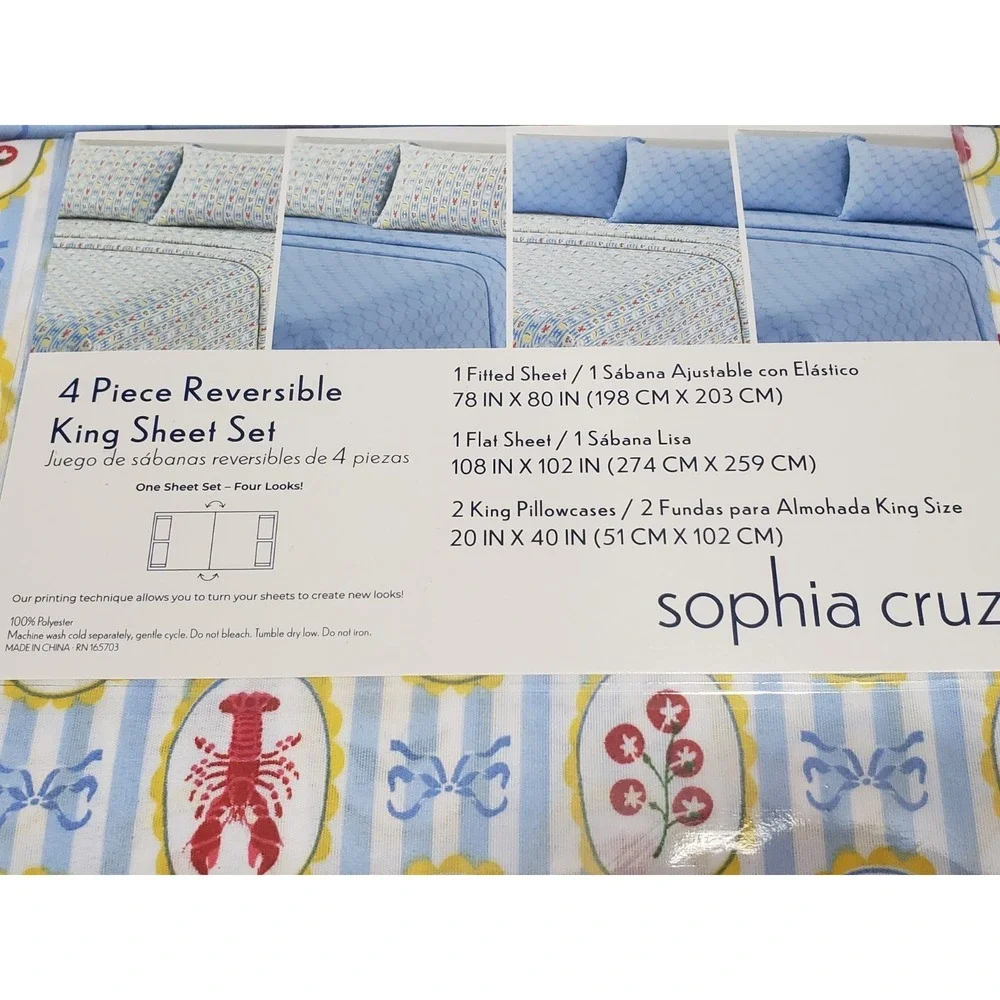 NEW 4 PIECE KING SIZE sheet set lobster ribbons fruit lemons nautical beach blue